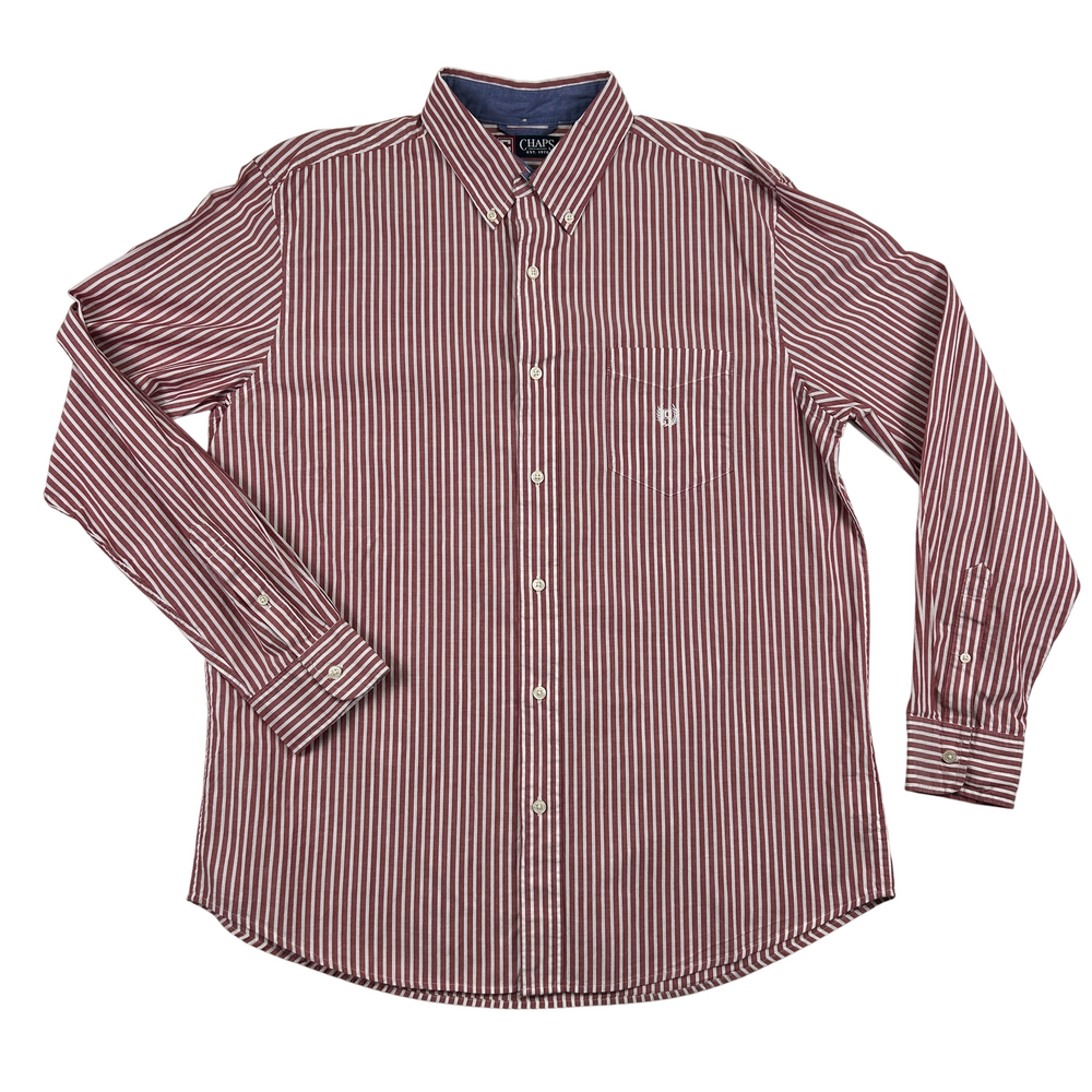 Chaps Button-Up Shirt Mens Large Red Striped Cotton Long Sleeve Classic